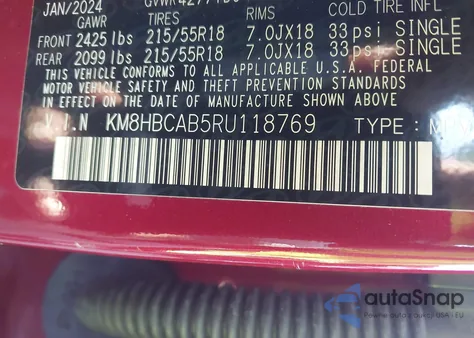 2024 Hyundai Kona Sel из США, поврежденный, VIN KM8HBCAB5RU118769